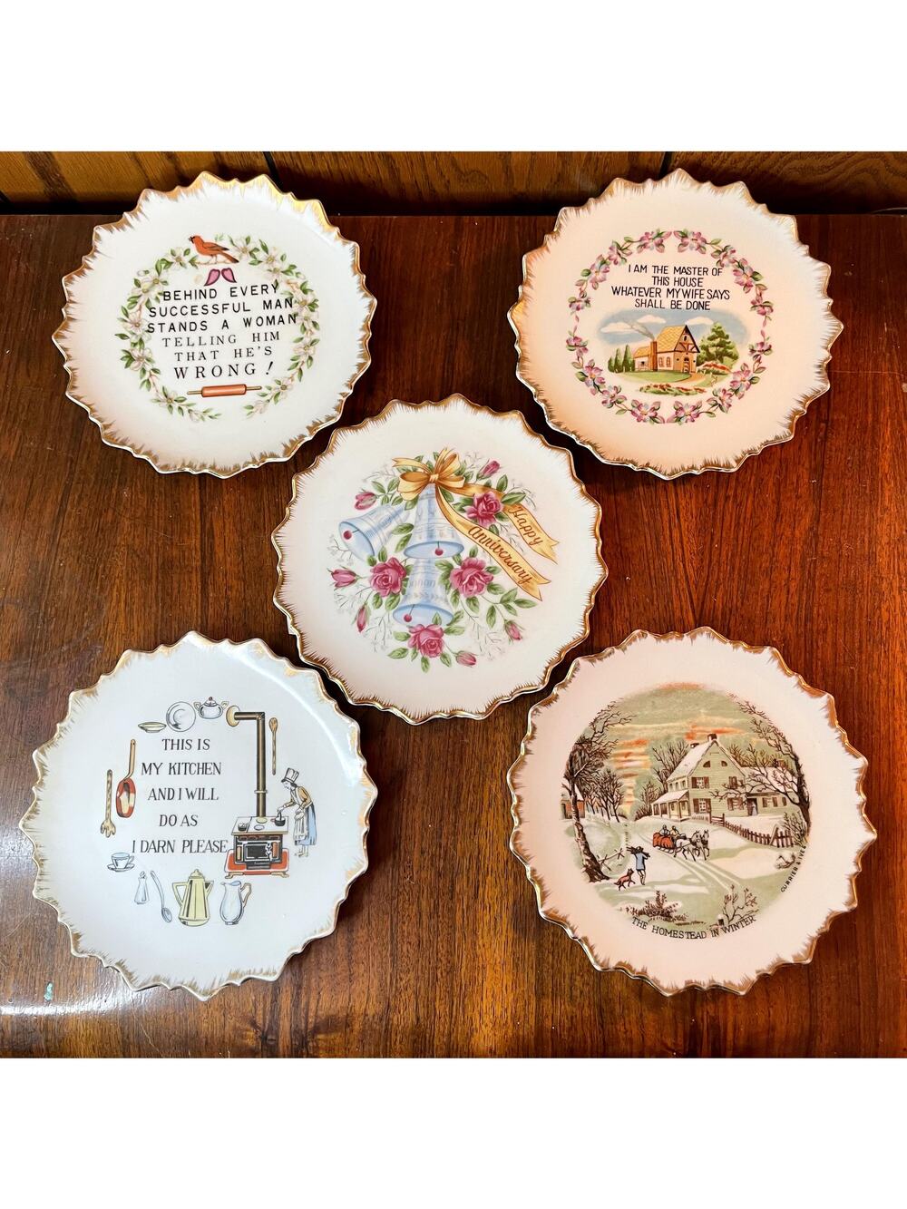 Vintage Japan Decorative Quote Plates 7.5" Lot of 5 Gold Trim Currier